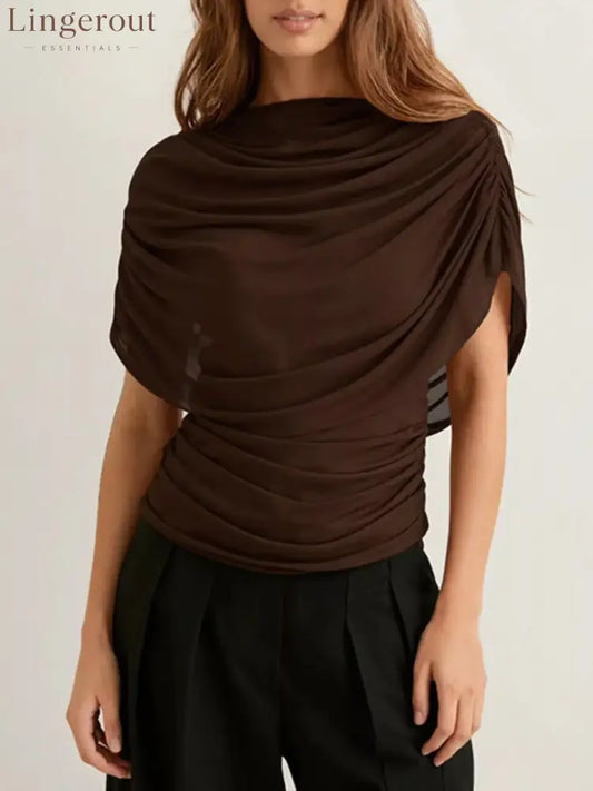Ruched Short Sleeve Top - Brown / S