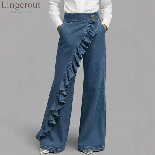 Ruffle Accent High-Waist Wide-Leg Jeans