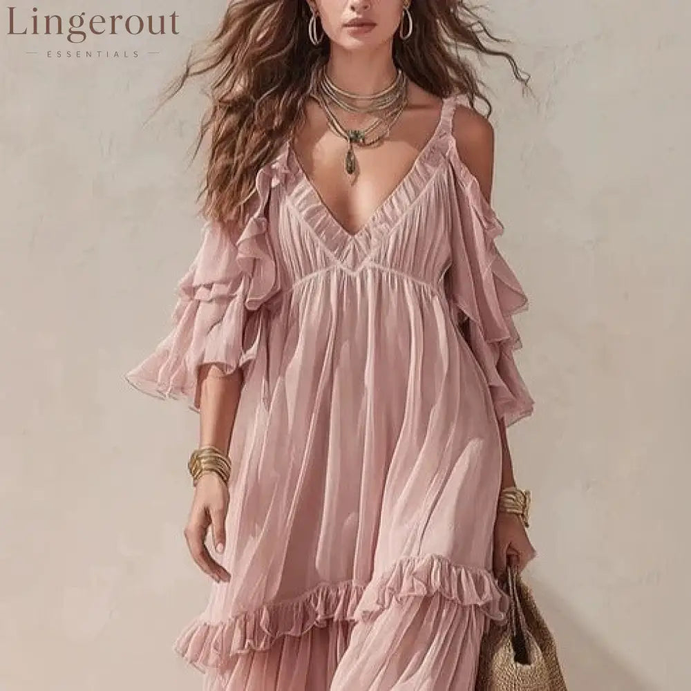 Ruffle Cold-Shoulder Maxi Dress