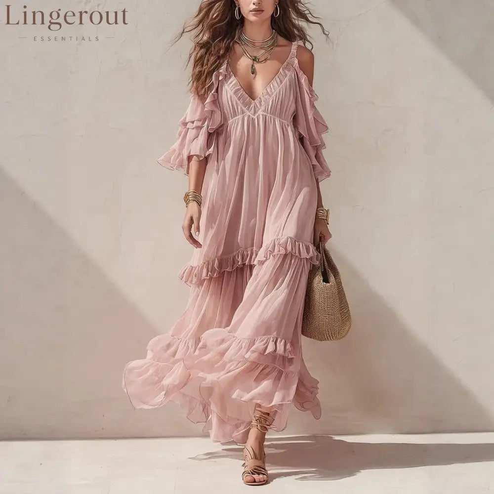 Ruffle Cold-Shoulder Maxi Dress