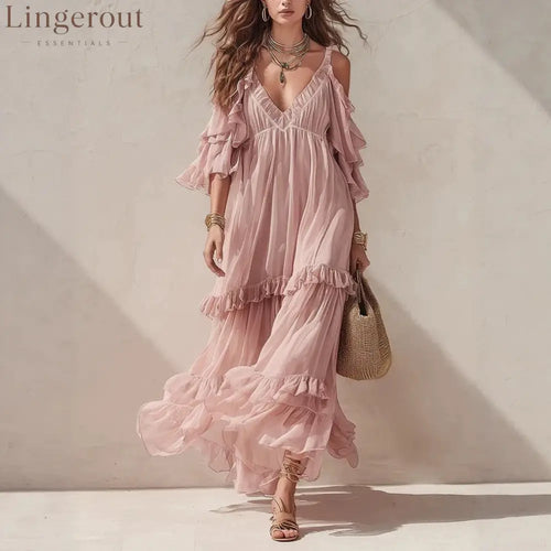 Ruffle Cold-Shoulder Maxi Dress