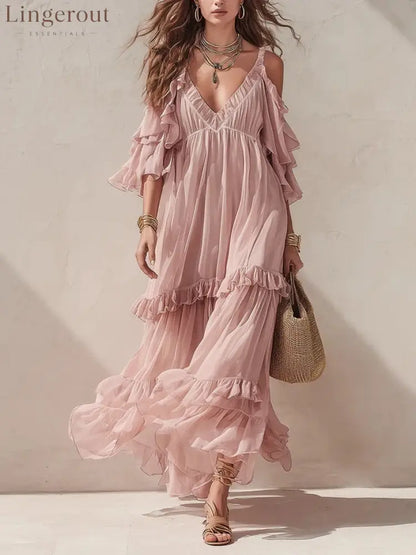 Ruffle Cold-Shoulder Maxi Dress - Pink / S