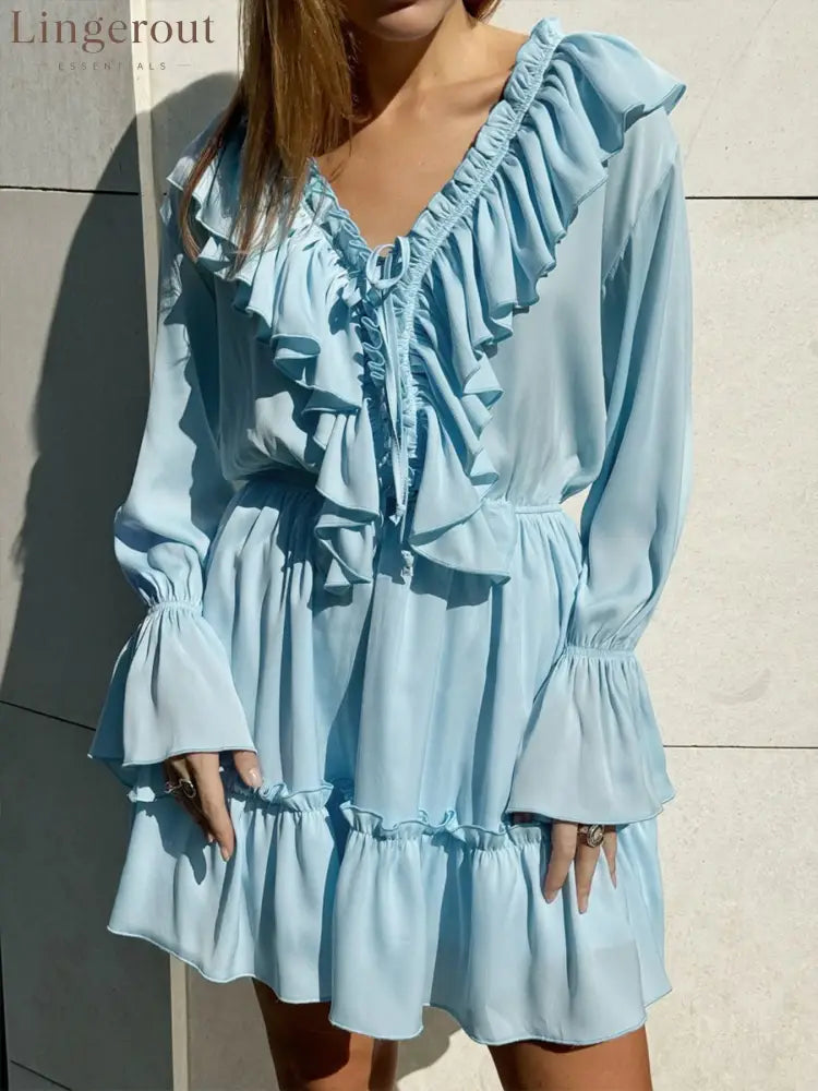 Ruffle Flounce Sleeve Mini Dress - Blue / S