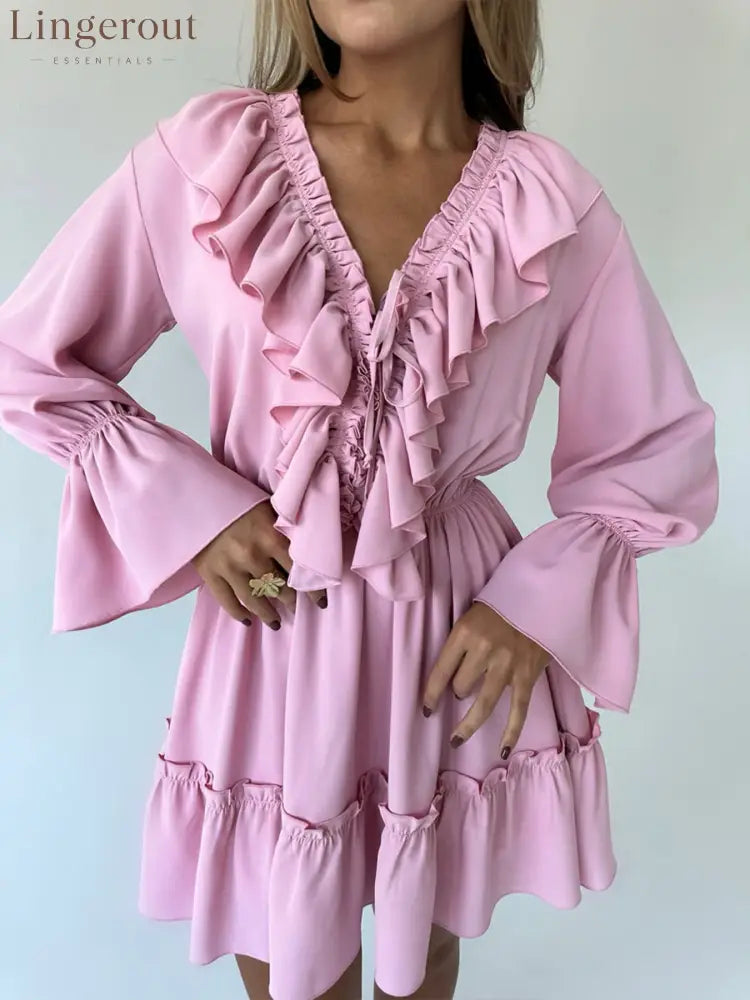 Ruffle Flounce Sleeve Mini Dress - Pink / S