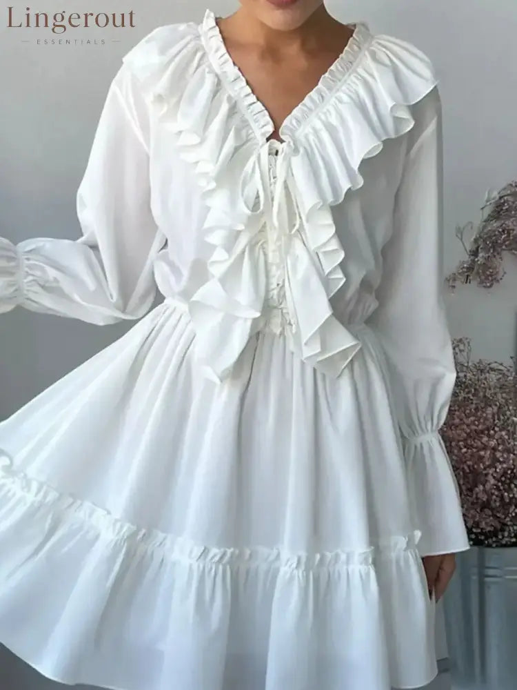 Ruffle Flounce Sleeve Mini Dress - White / S
