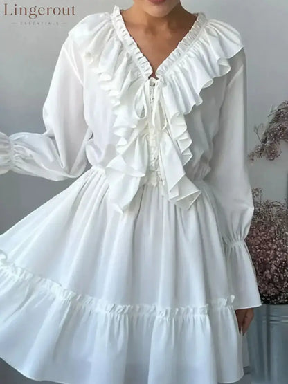 Ruffle Flounce Sleeve Mini Dress - White / S