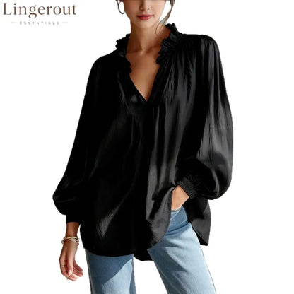 Ruffle V-Neck Crinkled Texture Balloon Sleeve Blouse