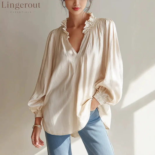 Ruffle V-Neck Crinkled Texture Balloon Sleeve Blouse