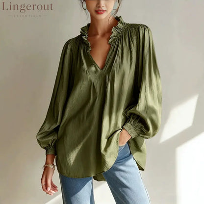 Ruffle V-Neck Crinkled Texture Balloon Sleeve Blouse