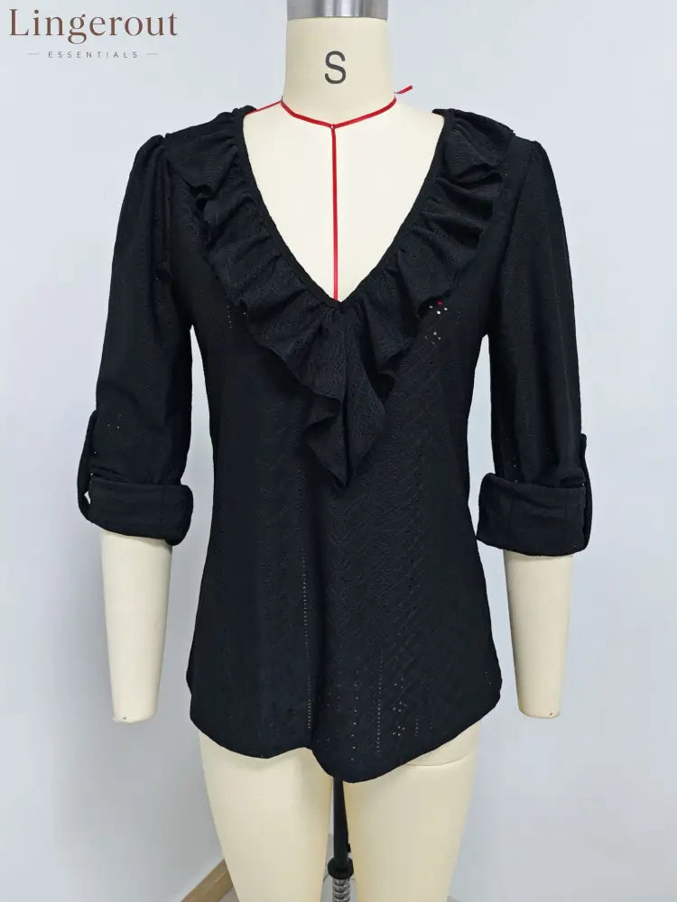Ruffle V-Neck Eyelet Blouse