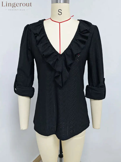 Ruffle V-Neck Eyelet Blouse