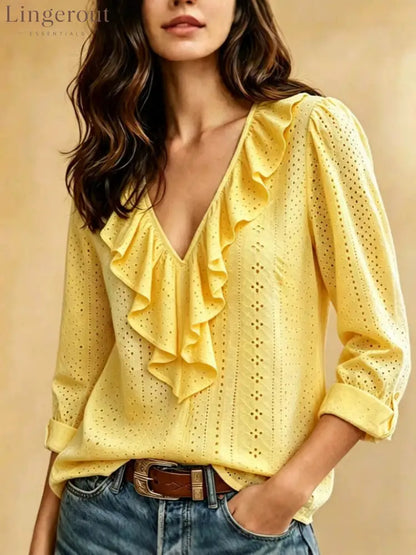 Ruffle V-Neck Eyelet Blouse - Yellow / S