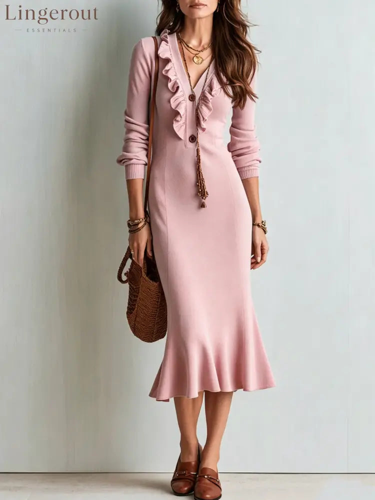 Ruffle V-Neck Knit Midi Dress with Mermaid Hem