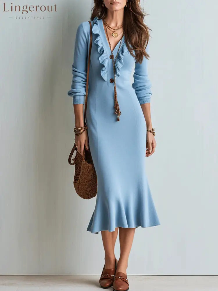Ruffle V-Neck Knit Midi Dress with Mermaid Hem