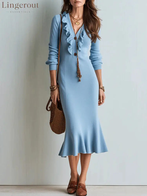 Ruffle V-Neck Knit Midi Dress with Mermaid Hem