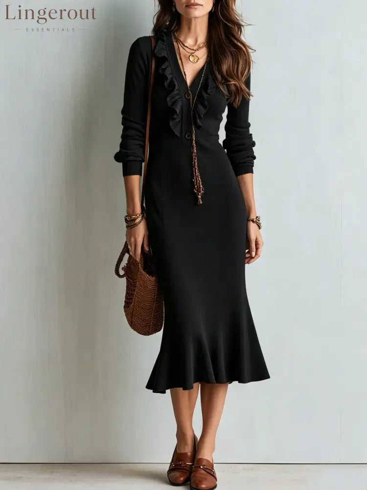 Ruffle V-Neck Knit Midi Dress with Mermaid Hem - Black / S