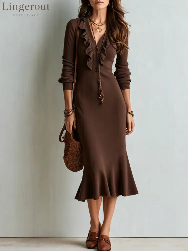Ruffle V-Neck Knit Midi Dress with Mermaid Hem - Brown / S