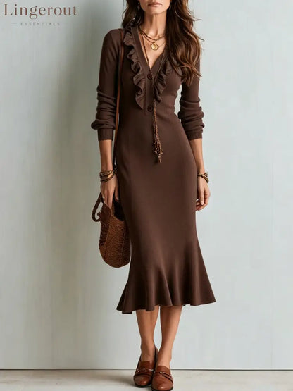 Ruffle V-Neck Knit Midi Dress with Mermaid Hem - Brown / S