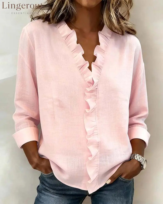 Ruffle V-Neck Long-Sleeve Blouse - Pink / S