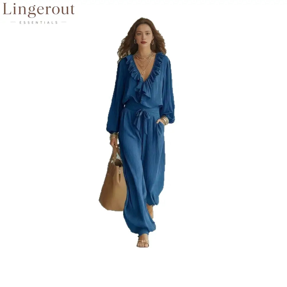 Ruffle V-Neck Long Sleeve Top & Tie Waist Wide Leg Pants Two Piece Set