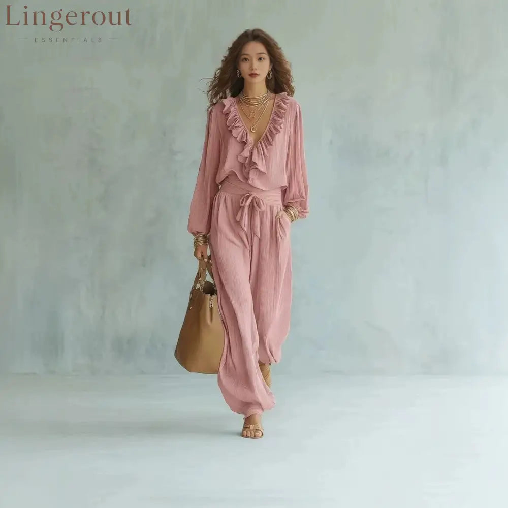 Ruffle V-Neck Long Sleeve Top & Tie Waist Wide Leg Pants Two Piece Set