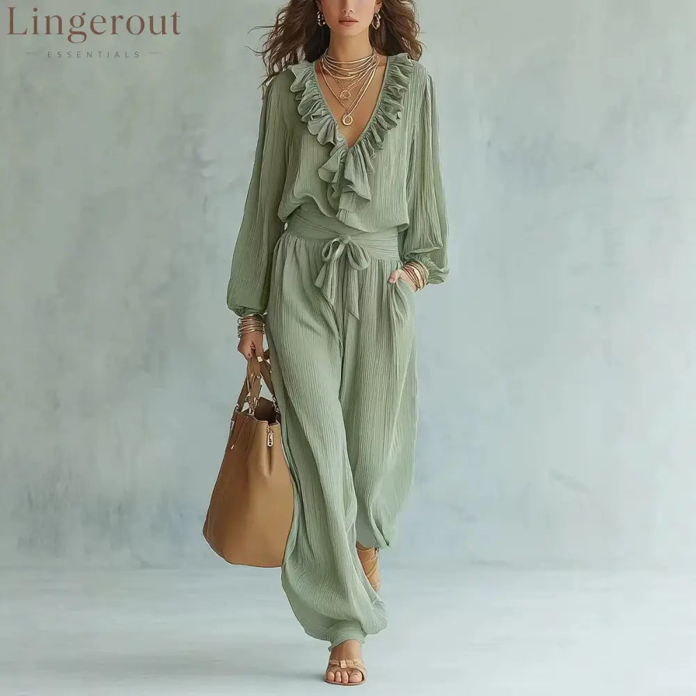 Ruffle V-Neck Long Sleeve Top & Tie Waist Wide Leg Pants Two Piece Set