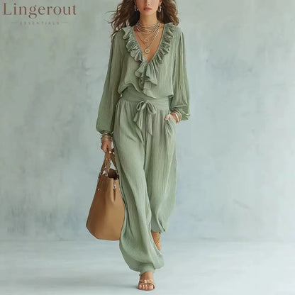 Ruffle V-Neck Long Sleeve Top & Tie Waist Wide Leg Pants Two Piece Set