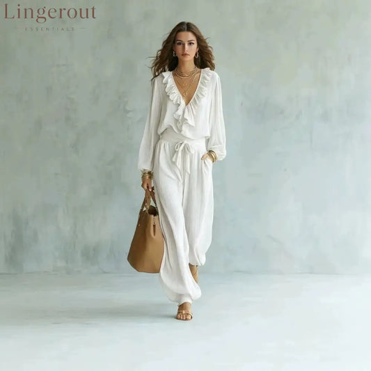 Ruffle V-Neck Long Sleeve Top & Tie Waist Wide Leg Pants Two Piece Set