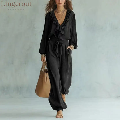 Ruffle V-Neck Long Sleeve Top & Tie Waist Wide Leg Pants Two Piece Set - Black / S