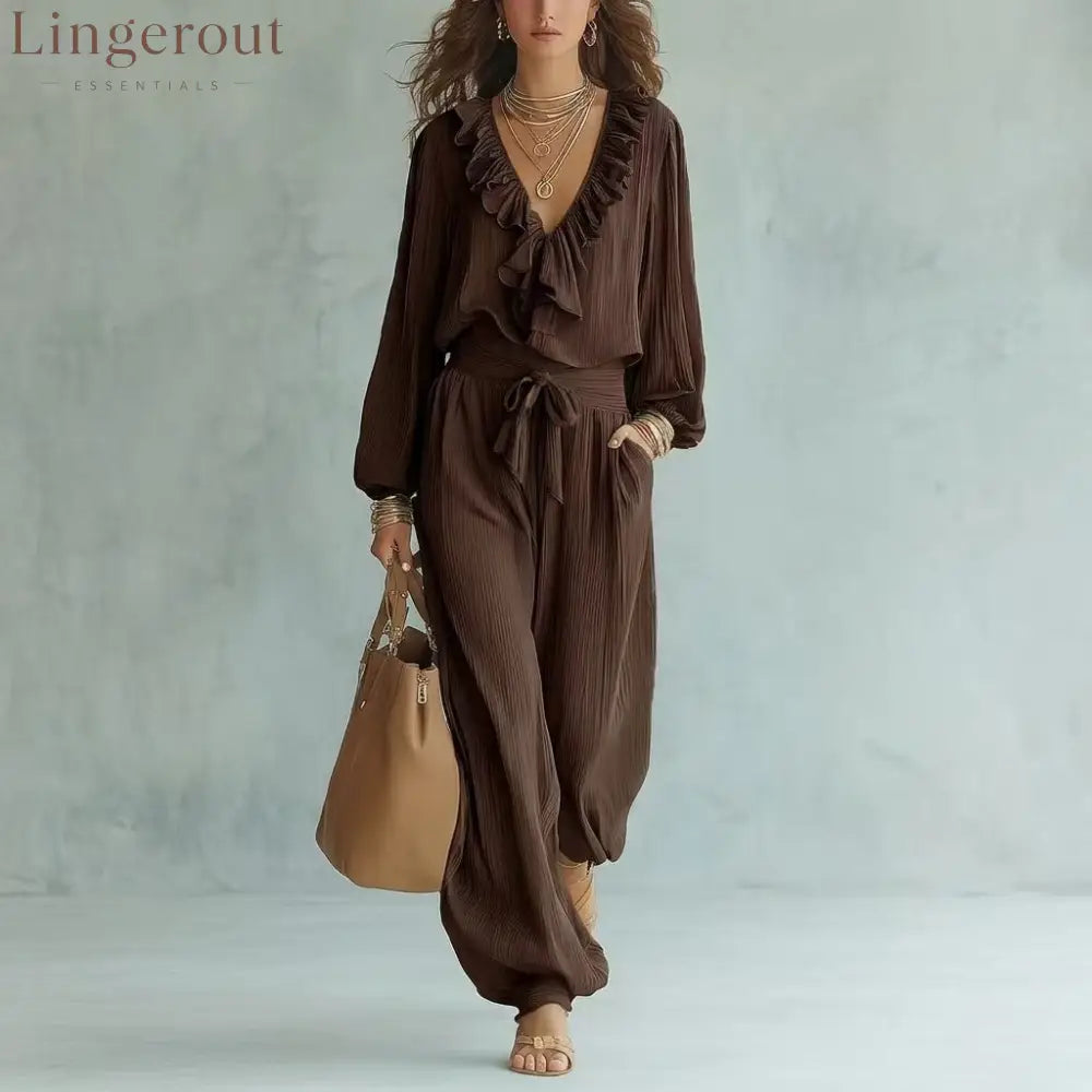 Ruffle V-Neck Long Sleeve Top & Tie Waist Wide Leg Pants Two Piece Set - Brown / S