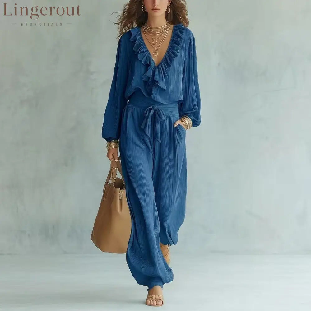 Ruffle V-Neck Long Sleeve Top & Tie Waist Wide Leg Pants Two Piece Set - Dark blue / S