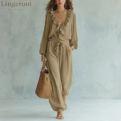 Ruffle V-Neck Long Sleeve Top & Tie Waist Wide Leg Pants Two Piece Set - Khaki / S