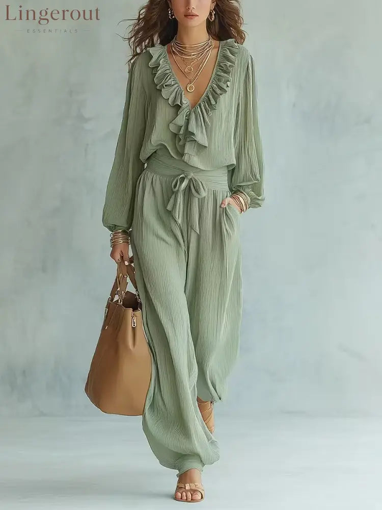 Ruffle V-Neck Long Sleeve Top & Tie Waist Wide Leg Pants Two Piece Set - Light green / S