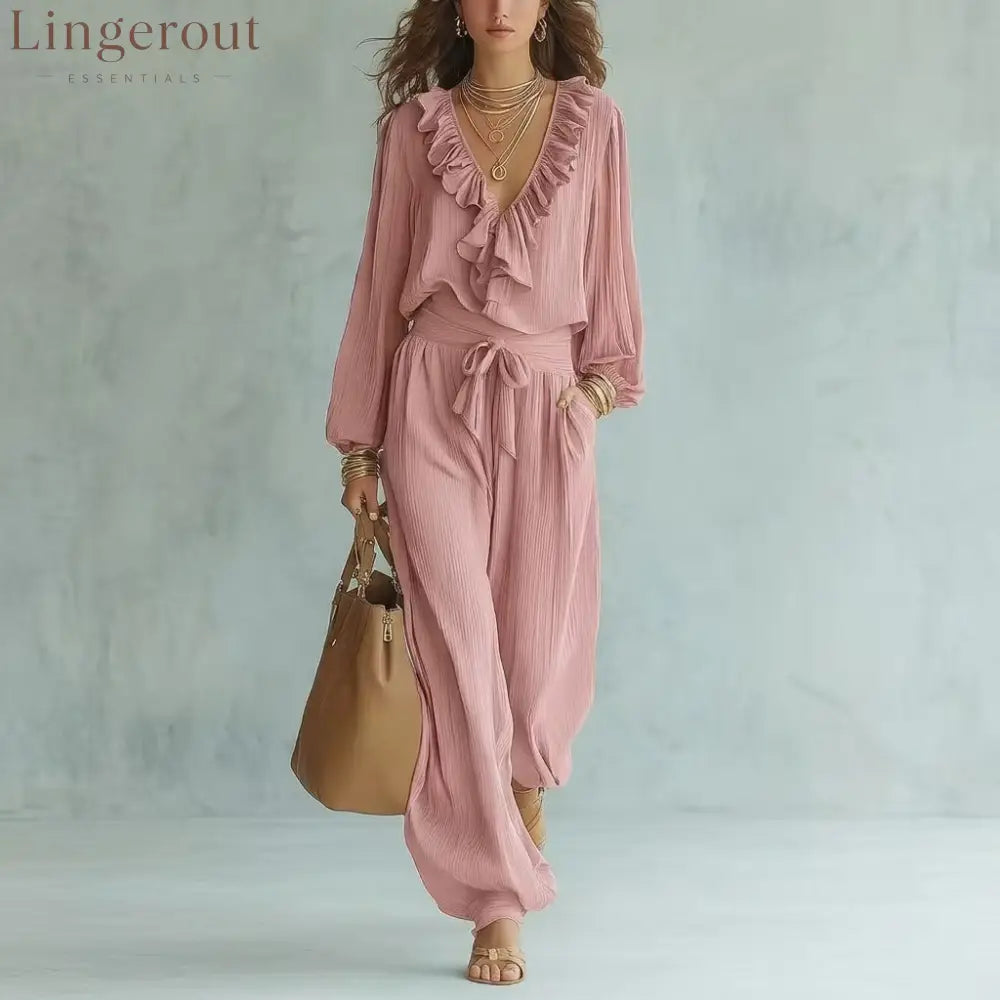 Ruffle V-Neck Long Sleeve Top & Tie Waist Wide Leg Pants Two Piece Set - Pink / S