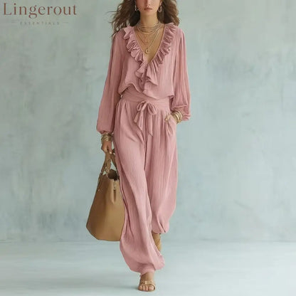 Ruffle V-Neck Long Sleeve Top & Tie Waist Wide Leg Pants Two Piece Set - Pink / S