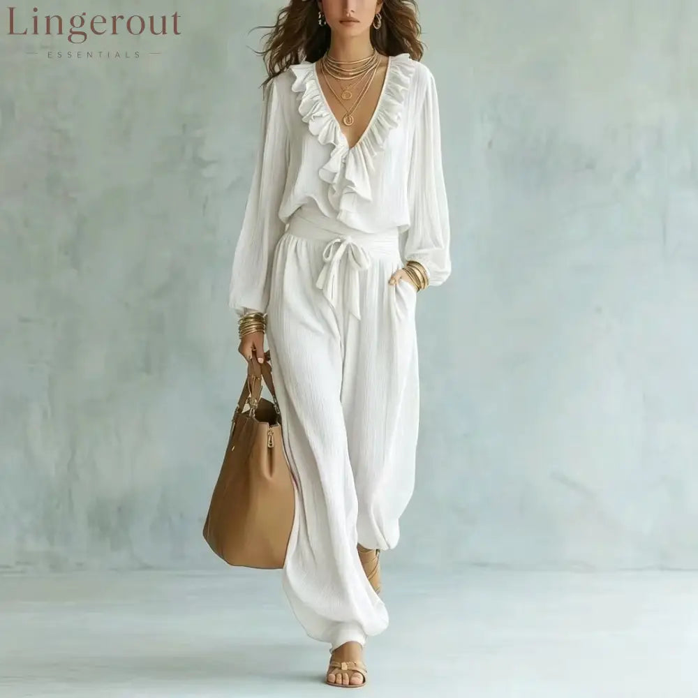 Ruffle V-Neck Long Sleeve Top & Tie Waist Wide Leg Pants Two Piece Set - White / S