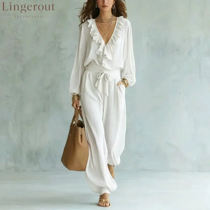 Ruffle V-Neck Long Sleeve Top & Tie Waist Wide Leg Pants Two Piece Set - White / S