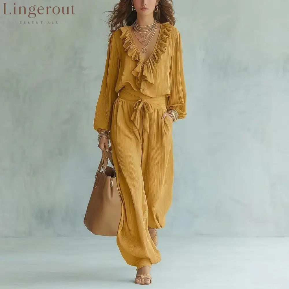 Ruffle V-Neck Long Sleeve Top & Tie Waist Wide Leg Pants Two Piece Set - Yellow / S