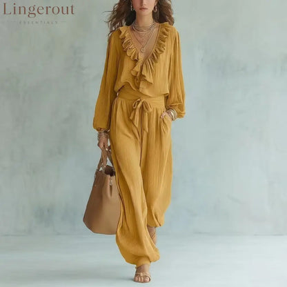 Ruffle V-Neck Long Sleeve Top & Tie Waist Wide Leg Pants Two Piece Set - Yellow / S