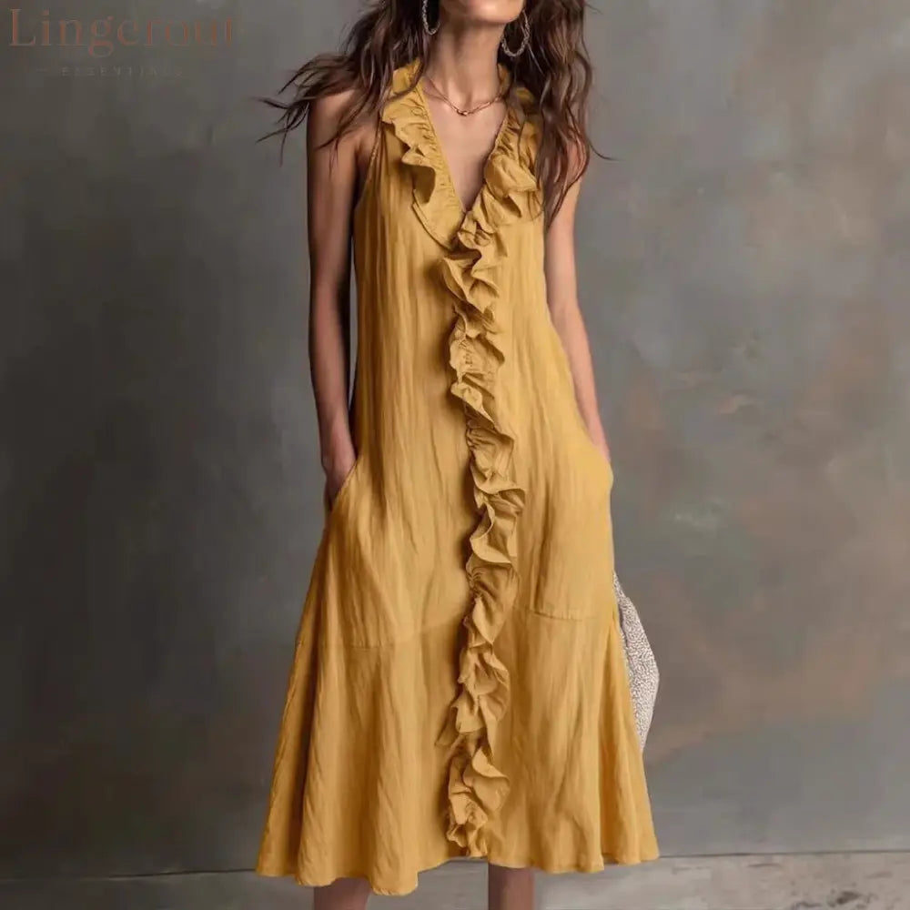 🌿 Ruffle V-Neck Sleeveless Midi Dress