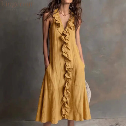 🌿 Ruffle V-Neck Sleeveless Midi Dress