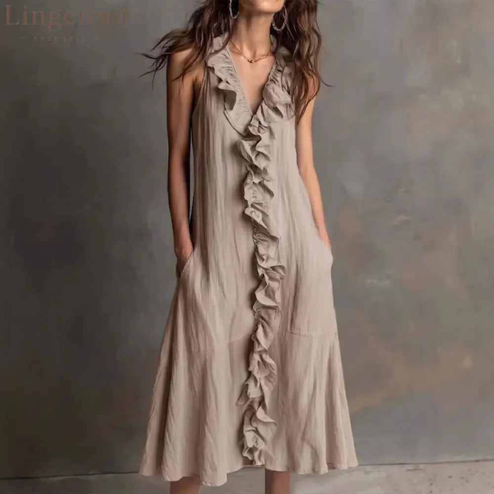 🌿 Ruffle V-Neck Sleeveless Midi Dress