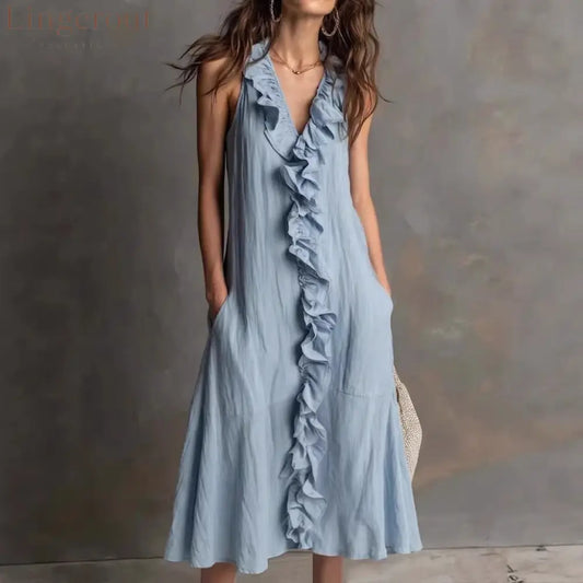 🌿 Ruffle V-Neck Sleeveless Midi Dress