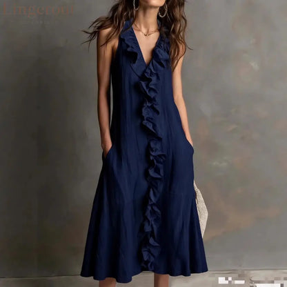 🌿 Ruffle V-Neck Sleeveless Midi Dress
