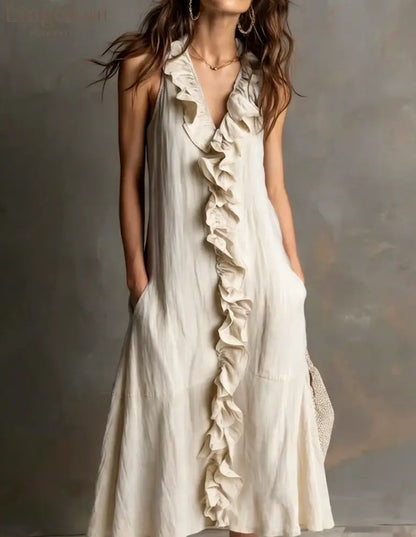 🌿 Ruffle V-Neck Sleeveless Midi Dress - Apricot / S