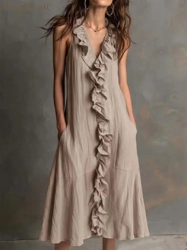 🌿 Ruffle V-Neck Sleeveless Midi Dress - Khaki / S
