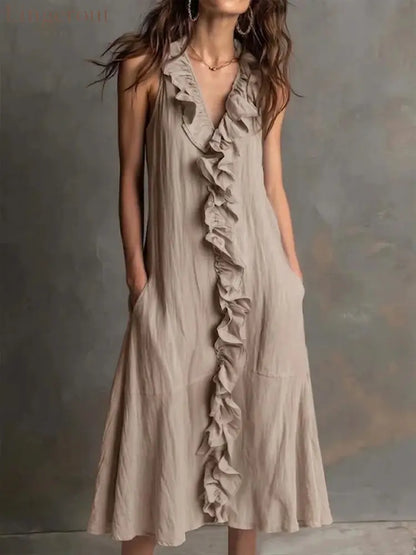 🌿 Ruffle V-Neck Sleeveless Midi Dress - Khaki / S