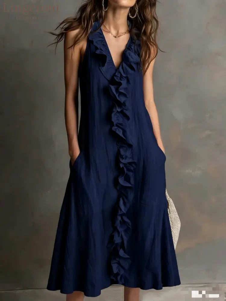 🌿 Ruffle V-Neck Sleeveless Midi Dress - Navy / S