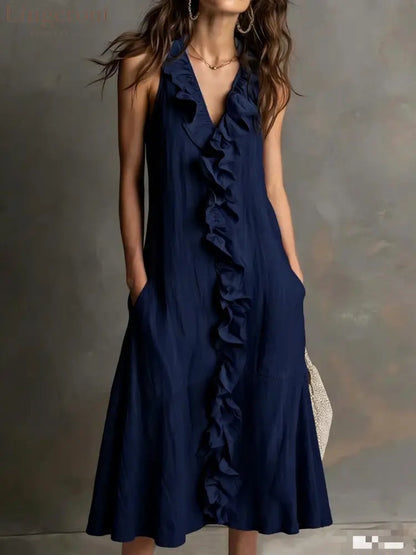 🌿 Ruffle V-Neck Sleeveless Midi Dress - Navy / S