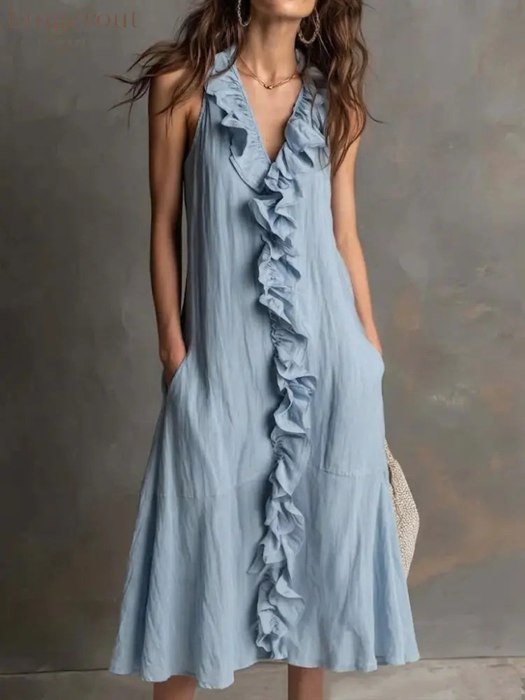 🌿 Ruffle V-Neck Sleeveless Midi Dress - Sky blue / S